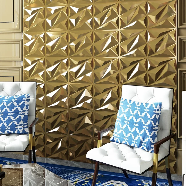 Alt view image 2 of 7 - 33 Pack 3D Wall Panel Diamond for Interior Wall Décor, PVC Textured Wall Panels, 12''x12'' Cover 32.Sq.Ft. Golden