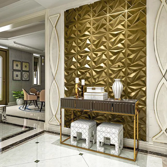 Alt view image 3 of 7 - 33 Pack 3D Wall Panel Diamond for Interior Wall Décor, PVC Textured Wall Panels, 12''x12'' Cover 32.Sq.Ft. Golden