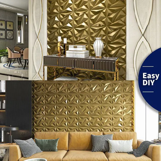 Alt view image 4 of 7 - 33 Pack 3D Wall Panel Diamond for Interior Wall Décor, PVC Textured Wall Panels, 12''x12'' Cover 32.Sq.Ft. Golden