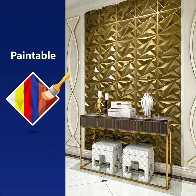 Alt view image 5 of 7 - 33 Pack 3D Wall Panel Diamond for Interior Wall Décor, PVC Textured Wall Panels, 12''x12'' Cover 32.Sq.Ft. Golden