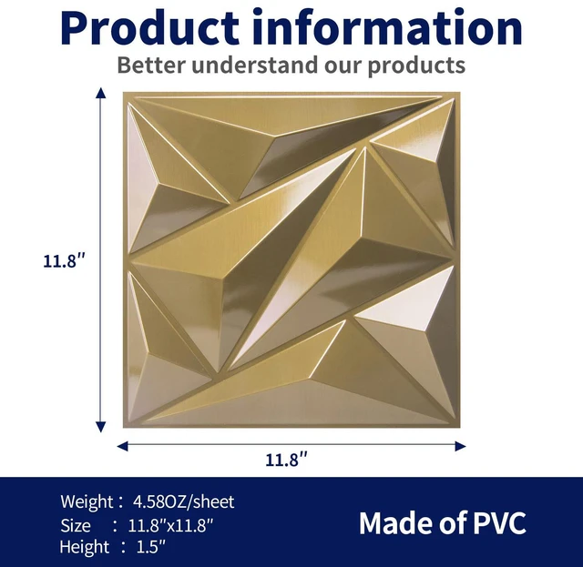 Alt view image 6 of 7 - 33 Pack 3D Wall Panel Diamond for Interior Wall Décor, PVC Textured Wall Panels, 12''x12'' Cover 32.Sq.Ft. Golden