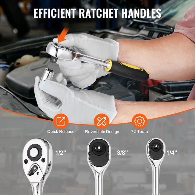 Alt view image 4 of 7 - Mechanics Tool Set 207 Pieces 1/4" 3/8" 1/2" Drive Sockets -SAE and Metric Mechanic Tool Kit with Bits - Wrenches, Ratchet Handle, Accessories, and Plastic Storage Case - for Automotive Repair