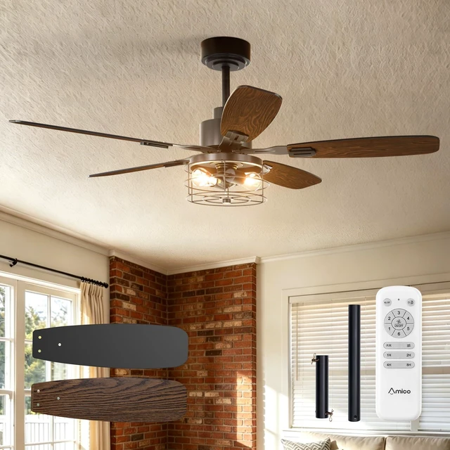 Main image of 52 Inch Farmhouse Caged Ceiling Fans with Lights and Remote, Black E26 Replaceable Bulbs, Downrod Mount, Remote, Quiet Reversible Motor, Timer, Bedroom, Living Room, Covered Outdoor Spaces