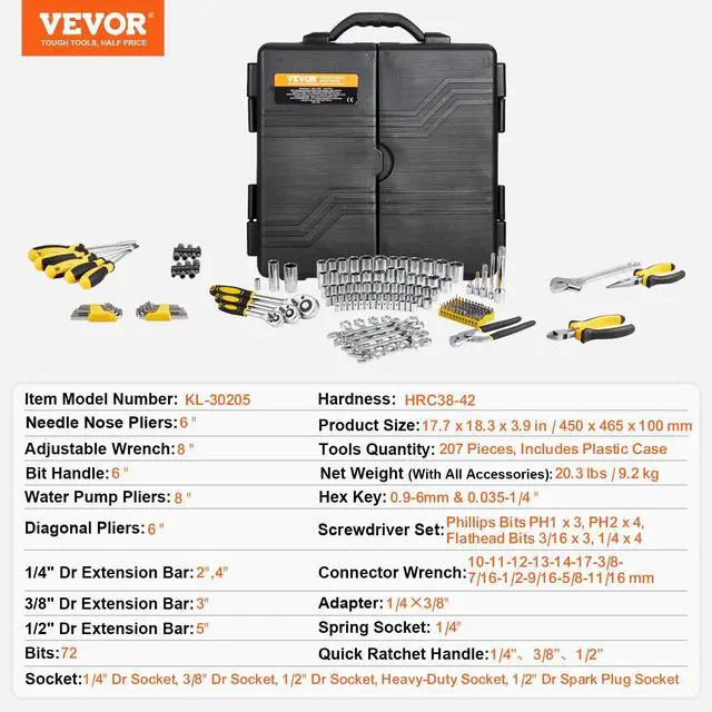 Alt view image 7 of 7 - Mechanics Tool Set 207 Pieces 1/4" 3/8" 1/2" Drive Sockets -SAE and Metric Mechanic Tool Kit with Bits - Wrenches, Ratchet Handle, Accessories, and Plastic Storage Case - for Automotive Repair