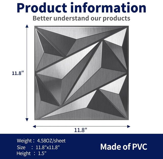 Alt view image 6 of 7 - 33 Pack 3D Wall Panel Diamond for Interior Wall Décor, PVC Textured Wall Panels, 12''x12'' Cover 32.Sq.Ft. Silver