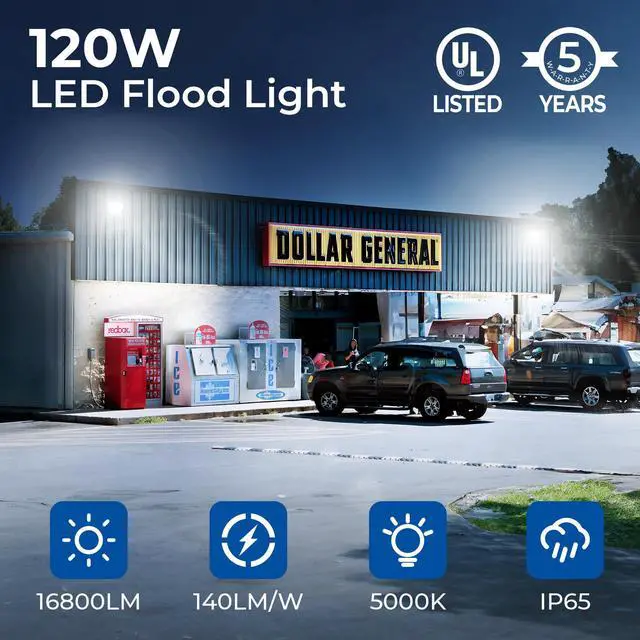 Alt view image 2 of 7 - 120W 16800LM LED Flood Lights Outdoor, 5000K, UL Listed, 2 Pack IP65 Waterproof Exterior Security Wall Lighting with 180°Knuckle, 120V Outside Aluminum Fixture for Courtyard Barn lot Garage