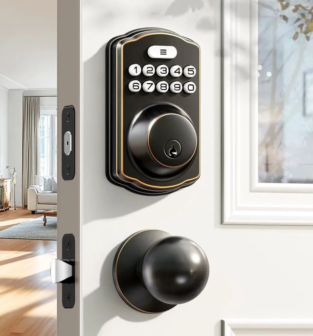 Main image of KS01C Keyless Entry Deadbolt Door Lock with Knobs, Oil Rubbed Bronze Electronic Backlit Keypad Handle Set, Auto Lock, Anti-Peep Code, One-time Code, for Front Door, IP54 Waterproof, Easy Install