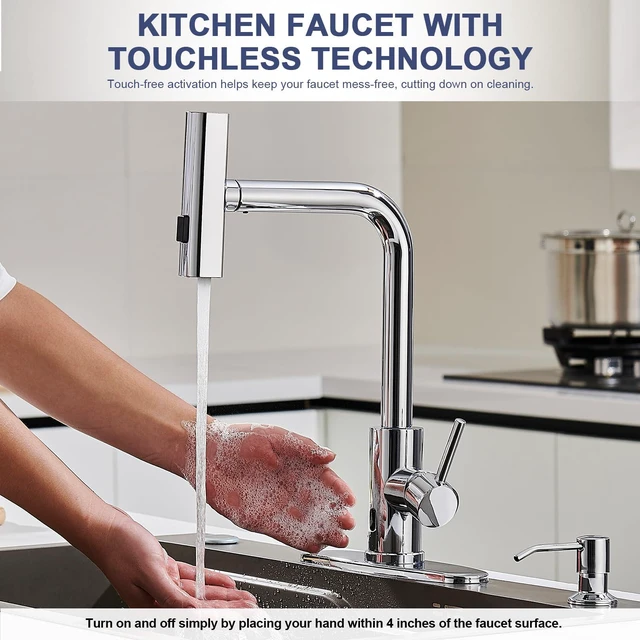 Alt view image 2 of 7 - Touchless Kitchen Faucets with Sprayer & Soap Dispenser, Chrome Waterfall, Single Hole, Single Handle, Pull Out Sink Faucet, Suitable for Farmhouse Camper Laundry Rv Bar
