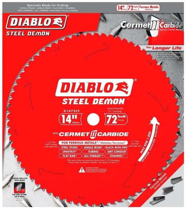 Alt view image 4 of 4 - Steel Demon Cermet II Saw Blade for Medium Metal - 14" x 72-Teeth 1800 Max RPM, Triple Chip Cutting Action - D1472CF