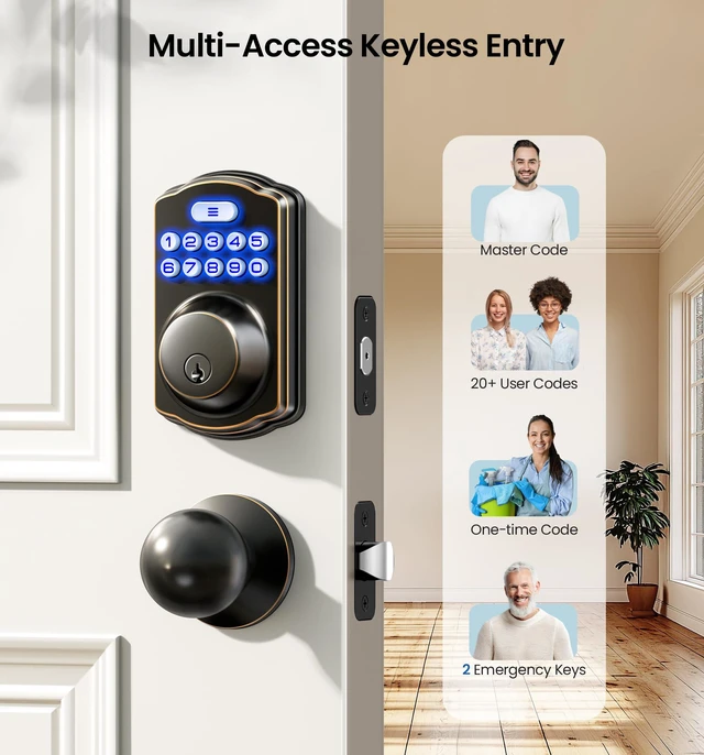 Alt view image 2 of 7 - KS01C Keyless Entry Deadbolt Door Lock with Knobs, Oil Rubbed Bronze Electronic Backlit Keypad Handle Set, Auto Lock, Anti-Peep Code, One-time Code, for Front Door, IP54 Waterproof, Easy Install