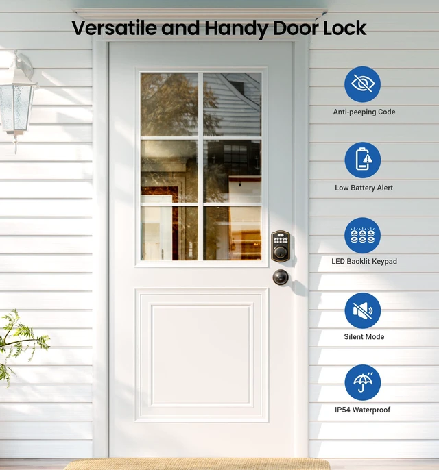 Alt view image 4 of 7 - KS01C Keyless Entry Deadbolt Door Lock with Knobs, Oil Rubbed Bronze Electronic Backlit Keypad Handle Set, Auto Lock, Anti-Peep Code, One-time Code, for Front Door, IP54 Waterproof, Easy Install