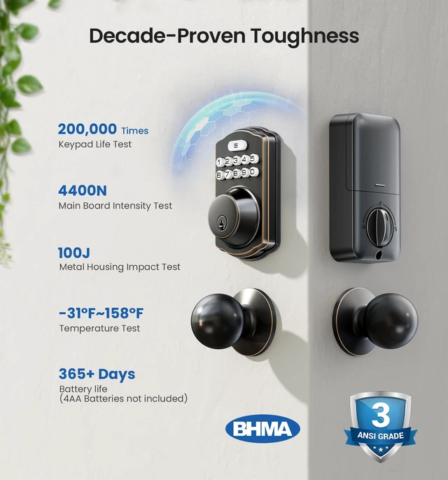 Alt view image 5 of 7 - KS01C Keyless Entry Deadbolt Door Lock with Knobs, Oil Rubbed Bronze Electronic Backlit Keypad Handle Set, Auto Lock, Anti-Peep Code, One-time Code, for Front Door, IP54 Waterproof, Easy Install