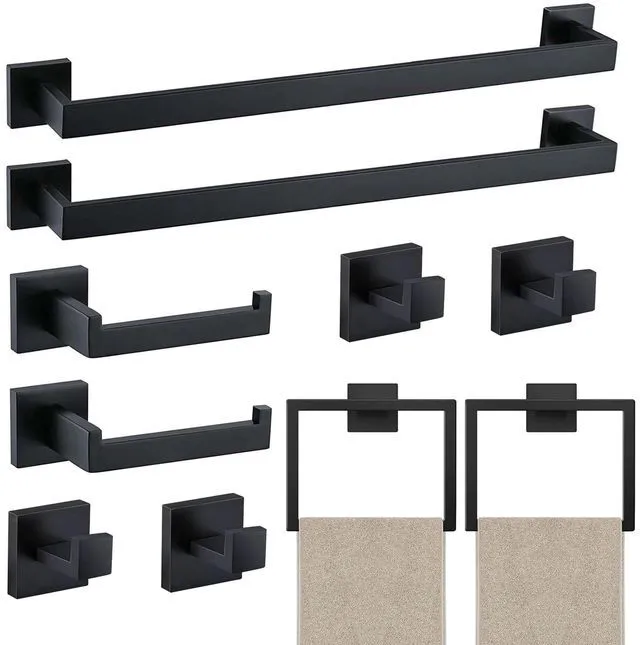 Main image of 10 Piece Towel Bar Set - 23.6Inch Bath Towel Holder - Matte Black Stainless Steel Towel Racks for Bathroom Wall Mounted, Towel Rod for Bathroom Wall