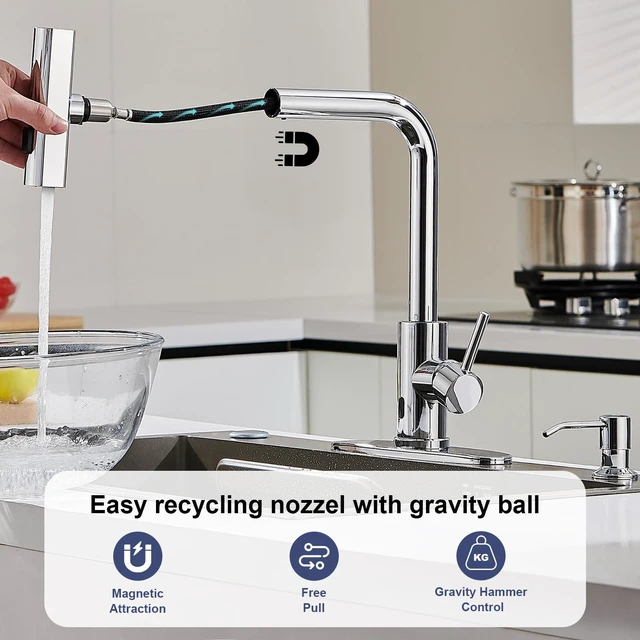 Alt view image 5 of 7 - Touchless Kitchen Faucets with Sprayer & Soap Dispenser, Chrome Waterfall, Single Hole, Single Handle, Pull Out Sink Faucet, Suitable for Farmhouse Camper Laundry Rv Bar