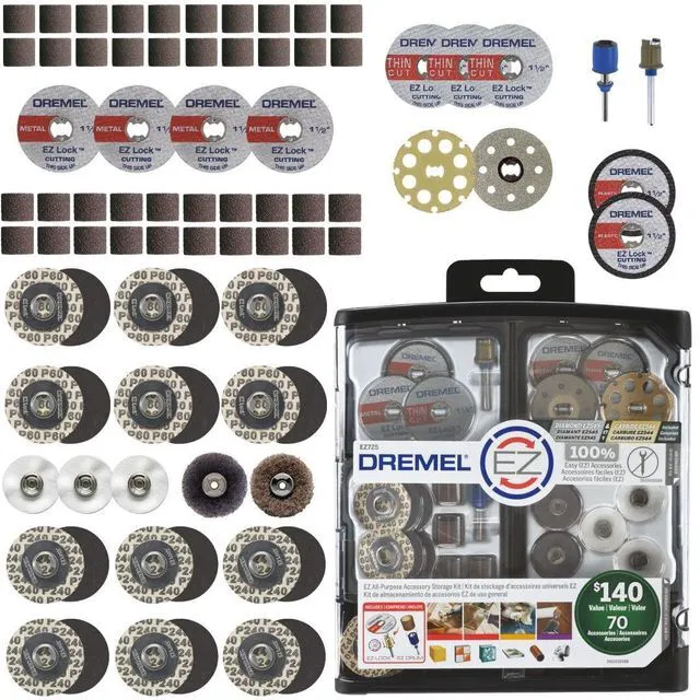 Main image of EZ725 70-Piece EZ Lock Rotary Tool Accessory Kit EZ Lock and EZ Drums for Fast Accessory Changes, Storage Case, Includes Cutting, Sanding, Carving, Polishing Accessories