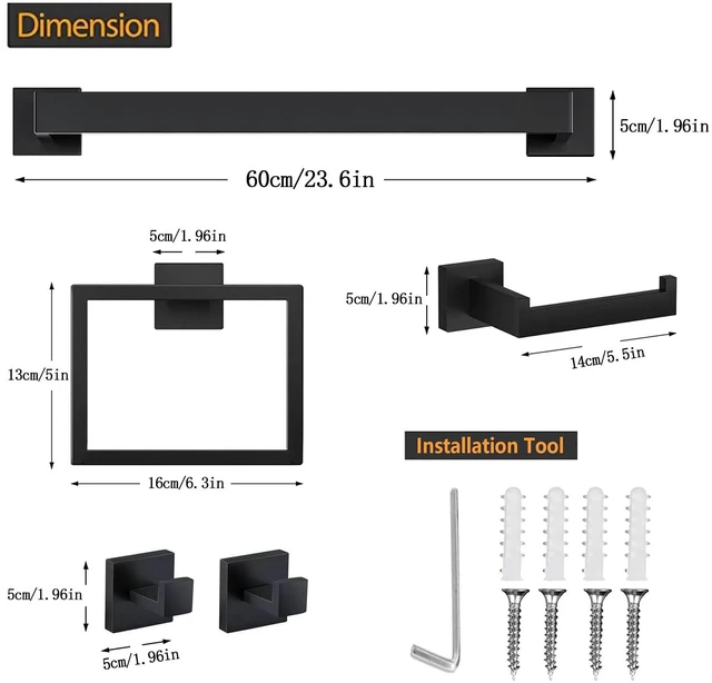 Alt view image 6 of 7 - 10 Piece Towel Bar Set - 23.6Inch Bath Towel Holder - Matte Black Stainless Steel Towel Racks for Bathroom Wall Mounted, Towel Rod for Bathroom Wall