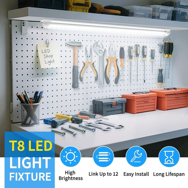 Alt view image 4 of 7 - (6-Pack) LED Shop Lights 2FT, V-Shaped Linkable 22W 3300LM 5000K Under Cabinet Lighting, T8 Tube Light Fixtures, Shop Light for Workbench, Kitchen, Workshop, Plug and Play, ETL Listed