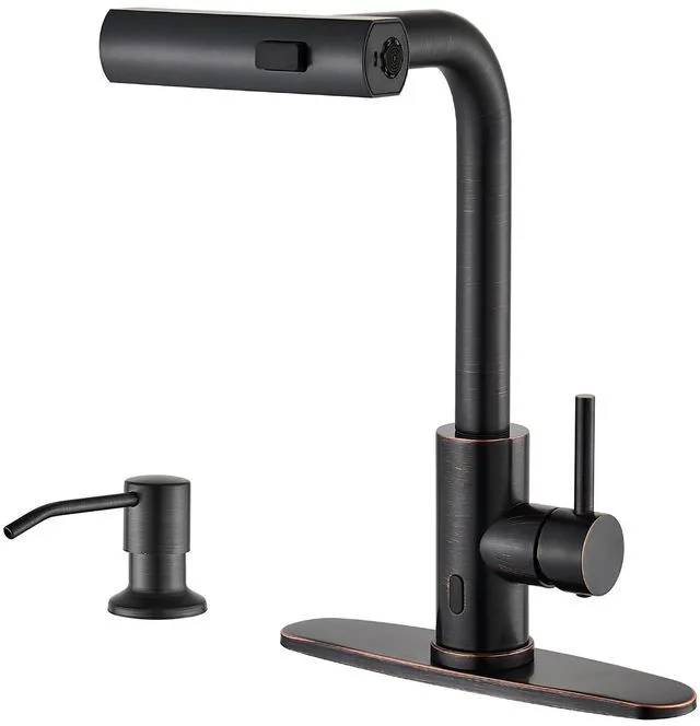 Main image of Touchless Kitchen Faucets with Sprayer & Soap Dispenser, Bronze Oil Rubbed Bronze, Single Hole & Handle, Pull Out Waterfall Sink Faucet Suitable for Farmhouse Camper Laundry Rv
