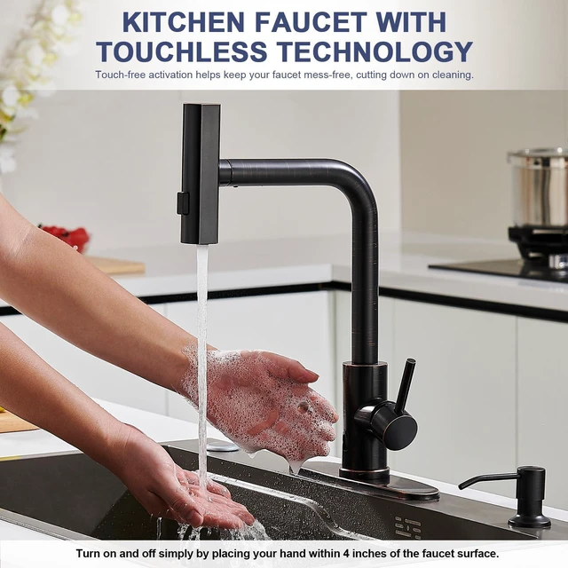 Alt view image 2 of 7 - Touchless Kitchen Faucets with Sprayer & Soap Dispenser, Bronze Oil Rubbed Bronze, Single Hole & Handle, Pull Out Waterfall Sink Faucet Suitable for Farmhouse Camper Laundry Rv