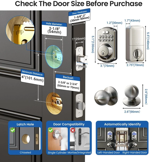 Alt view image 6 of 7 - KS01C Keyless Entry Deadbolt Door Lock with Knobs, Satin Nickel Electronic Backlit Keypad Handle Set, Auto Lock, Anti-Peep Code, One-time Code, for Front Door, IP54 Waterproof, Easy Install