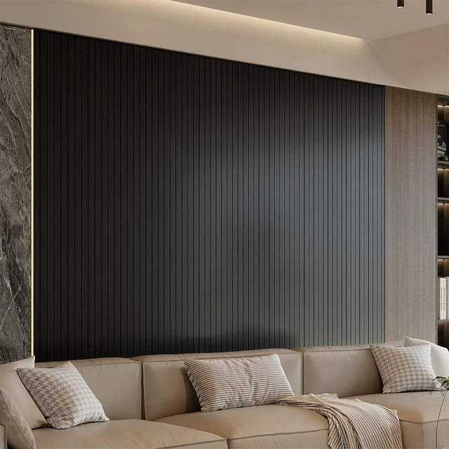 Alt view image 2 of 7 - Peel and Stick PVC Slat Wall Panel 236"x15.75" Self-Adhesive Thick Faux Black Wood Grain Wallpaper Panel 3D Soundproof Wall Panels for Walls & Ceilings