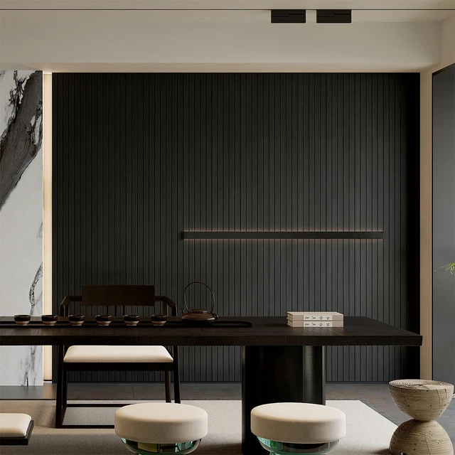 Alt view image 3 of 7 - Peel and Stick PVC Slat Wall Panel 236"x15.75" Self-Adhesive Thick Faux Black Wood Grain Wallpaper Panel 3D Soundproof Wall Panels for Walls & Ceilings