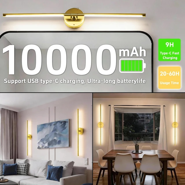 Alt view image 3 of 7 - Battery Operated Wall Sconce Set of Two: Gold Wireless Rechargeable Wall Light with 10000mAh Detachable Battery and Remote, 360° Rotatable Scone Wall Decor for Bedroom Hallway Bathroom, 31.5inch