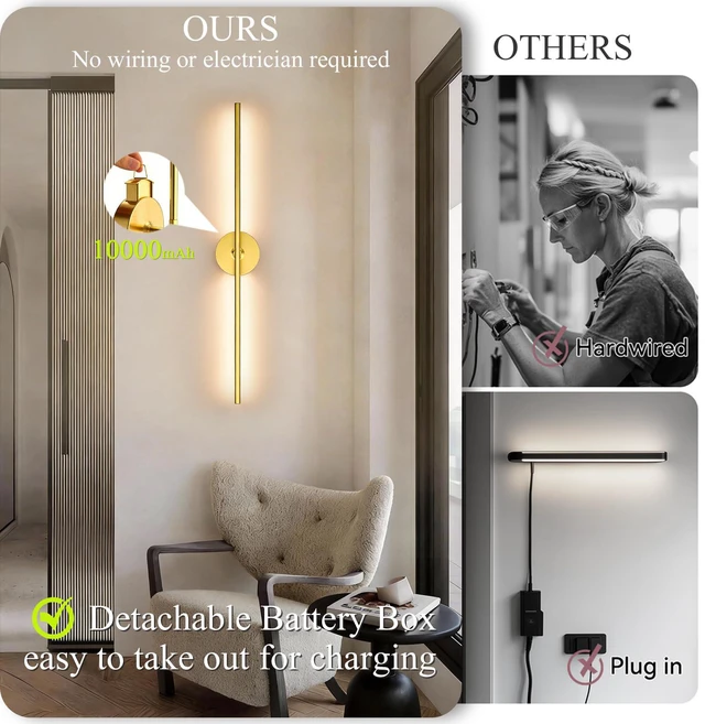 Alt view image 4 of 7 - Battery Operated Wall Sconce Set of Two: Gold Wireless Rechargeable Wall Light with 10000mAh Detachable Battery and Remote, 360° Rotatable Scone Wall Decor for Bedroom Hallway Bathroom, 31.5inch