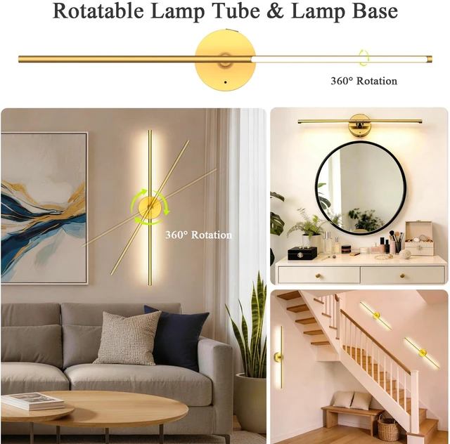 Alt view image 5 of 7 - Battery Operated Wall Sconce Set of Two: Gold Wireless Rechargeable Wall Light with 10000mAh Detachable Battery and Remote, 360° Rotatable Scone Wall Decor for Bedroom Hallway Bathroom, 31.5inch