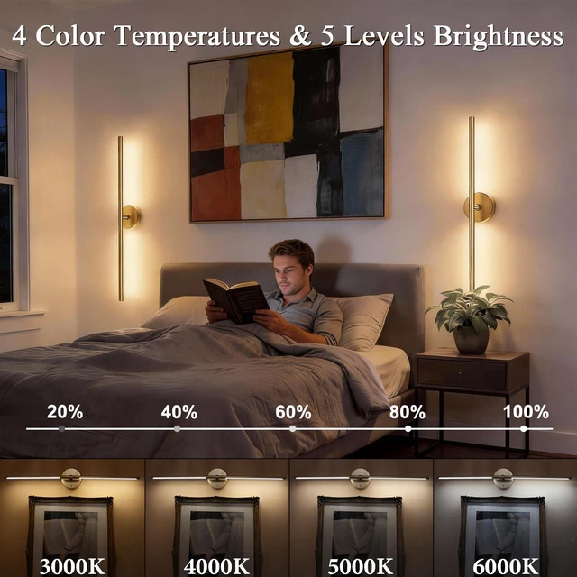Alt view image 7 of 7 - Battery Operated Wall Sconce Set of Two: Gold Wireless Rechargeable Wall Light with 10000mAh Detachable Battery and Remote, 360° Rotatable Scone Wall Decor for Bedroom Hallway Bathroom, 31.5inch
