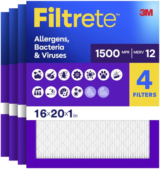 Main image of 16x20x1 Air Filter, MERV 12, MPR 1500, Allergens, Bacteria & Viruses, 3-Month AC and Furnace Filters, Cleaner Air, Reliable Airflow, 4 HVAC Filters (Actual Size 15.62 x 19.62 x 0.78 in)