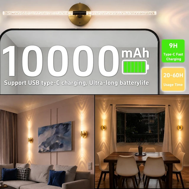 Alt view image 3 of 7 - Rechargeable Wall Lights Battery Operated Sconce 2Pack(Gold Bubble Crystal) 10000mAh Wireless Wall Lights With Touch & Remote, 4CCT, 360° Rotatable Wall Lamp for Bedroom Living Room Hallway 31.5in