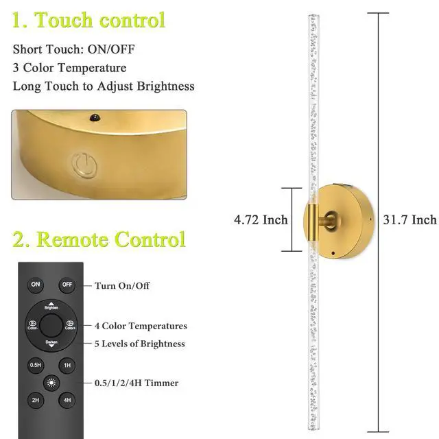 Alt view image 6 of 7 - Rechargeable Wall Lights Battery Operated Sconce 2Pack(Gold Bubble Crystal) 10000mAh Wireless Wall Lights With Touch & Remote, 4CCT, 360° Rotatable Wall Lamp for Bedroom Living Room Hallway 31.5in