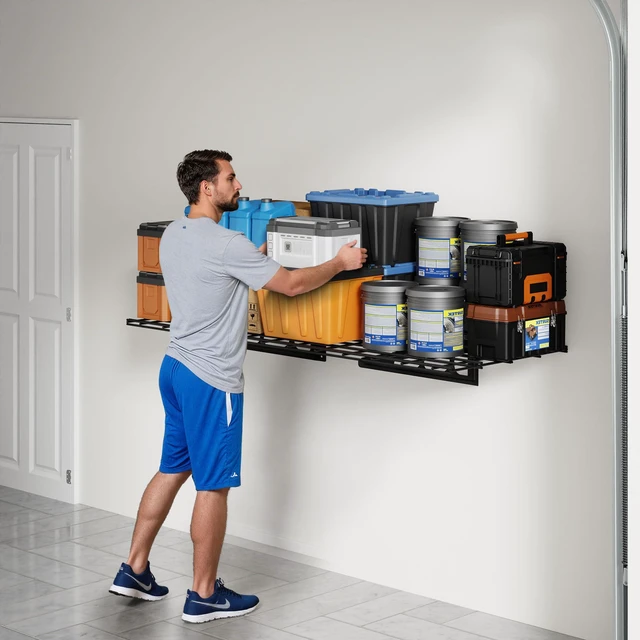 Alt view image 2 of 7 - 1-Pack 2x4ft Garage Shelving Wall-Mounted Storage Rack, Black Heavy-Duty Wall Shelving, Holds Up to 200 lbs, Garage Storage Shelving for Organization & Storage Bins, Classic Series