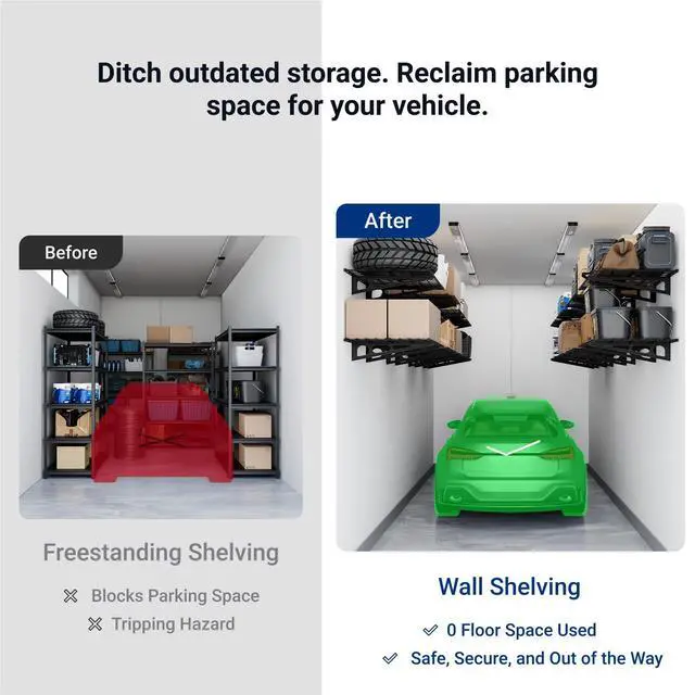 Alt view image 4 of 7 - 1-Pack 2x4ft Garage Shelving Wall-Mounted Storage Rack, Black Heavy-Duty Wall Shelving, Holds Up to 200 lbs, Garage Storage Shelving for Organization & Storage Bins, Classic Series