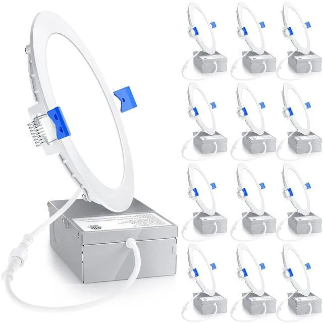 Main image of 12 Pack 6 Inch LED Recessed Light, 6000K Dimmable Canless Wafer 6000K Clear White, 5%-100% Dimmable, 1200LM 12W 120V, IC & Damp Rated, ETL & FCC & UL Certified, 50000h Life Span