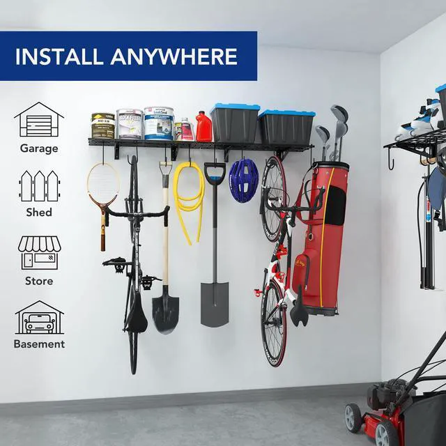 Alt view image 2 of 7 - 2-Pack 1x3 ft Garage Wall Shelving, Include 8 Bike Hooks, Black Wall Shelf Garage Organization System w/Bike Hangers, Storage Rack, Floating Shelves, 300 lbs Weight Capacity, Classic Series