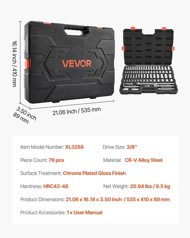 Alt view image 7 of 7 - Socket Set, 76 Pieces, 3/8 inch Drive Socket and Ratchet Set, SAE and Metric, Deep and Shallow, Mechanic Tool Kit with Accessories and Storage Case, CR-V Alloy Steel, for Automotive Repair