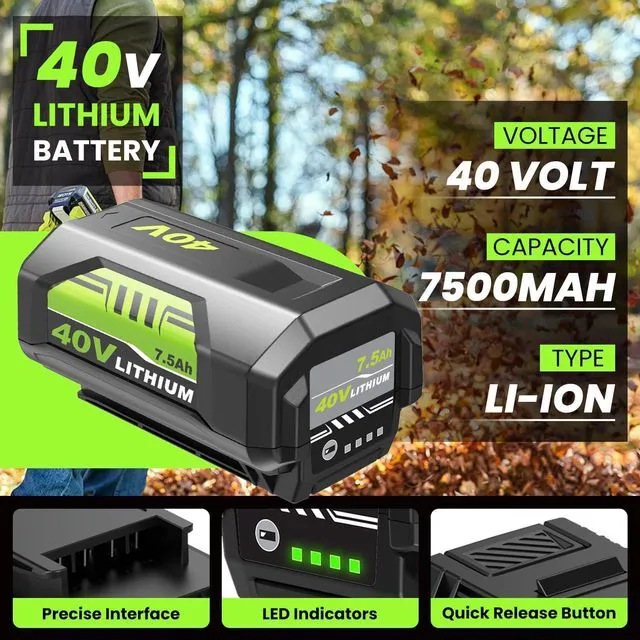 Alt view image 2 of 6 - 2Pack 7500mAh Replacement for Ryobi 40V Battery Lithium and OP401 Charger Compatible with Ryobi 40 Volt Battery OP4050 OP4040 OP40401 OP40201 OP40601 Cordless Power Tools