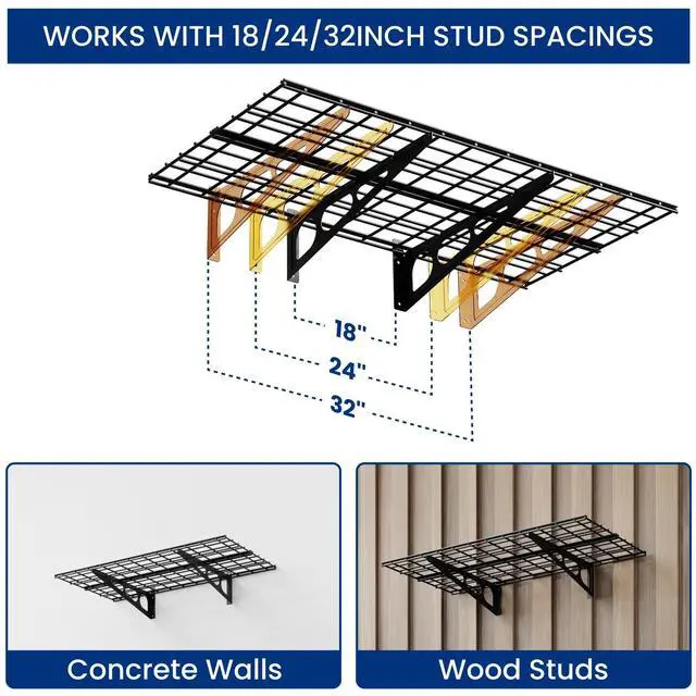 Alt view image 6 of 7 - 1-Pack 2x4ft Garage Shelving Wall-Mounted Storage Rack, Black Heavy-Duty Wall Shelving, Holds Up to 200 lbs, Garage Storage Shelving for Organization & Storage Bins, Classic Series