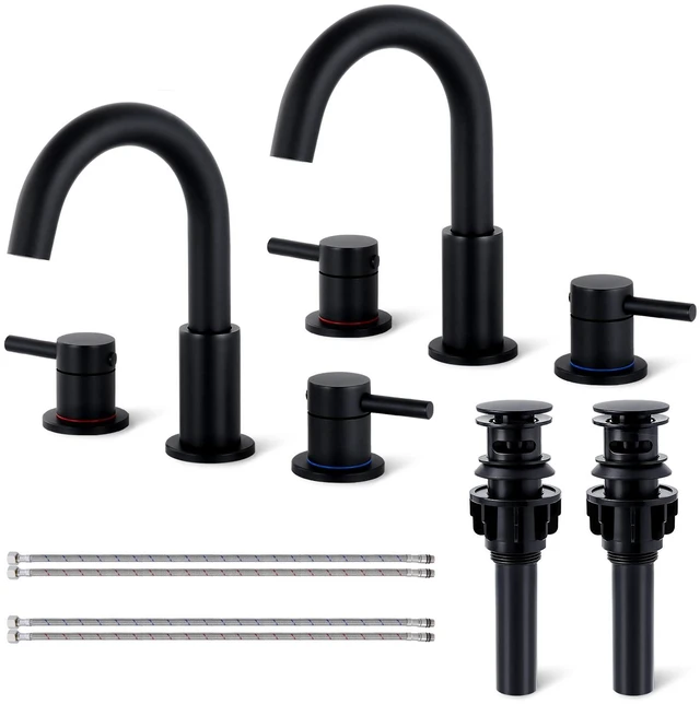Main image of Black Bathroom Faucet 3 Hole, 2-Handle Widespread Faucet (2 Pack) Lead-free stainless steel, pop-up drain, Detachable faucet aerator, 360°swivel, for RV & vanity sink 3-hole mount