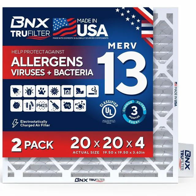 Main image of TruFilter 20x20x4 (19.5 x 19.5 x 3.63 Slim Fit) MERV 13 Air Filter (2-Pack) - MADE IN USA - Air Conditioner HVAC AC Furnace Filters Health, Allergies, Mold, Bacteria, Smoke, MPR 1900 FPR 10