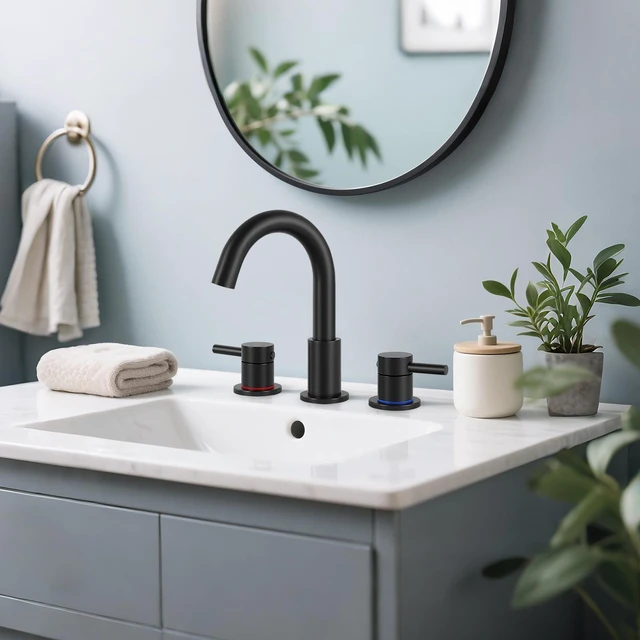 Alt view image 3 of 7 - Matte Black Bathroom Faucet 3 Hole, 2-Handle Widespread Faucet Lead-free stainless steel, pop-up drain, Detachable faucet aerator, 360°swivel, for RV & vanity sink 3-hole mount