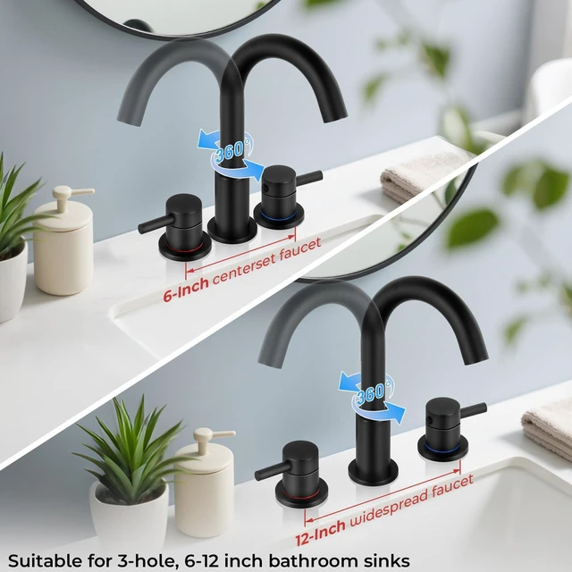 Alt view image 4 of 7 - Matte Black Bathroom Faucet 3 Hole, 2-Handle Widespread Faucet Lead-free stainless steel, pop-up drain, Detachable faucet aerator, 360°swivel, for RV & vanity sink 3-hole mount