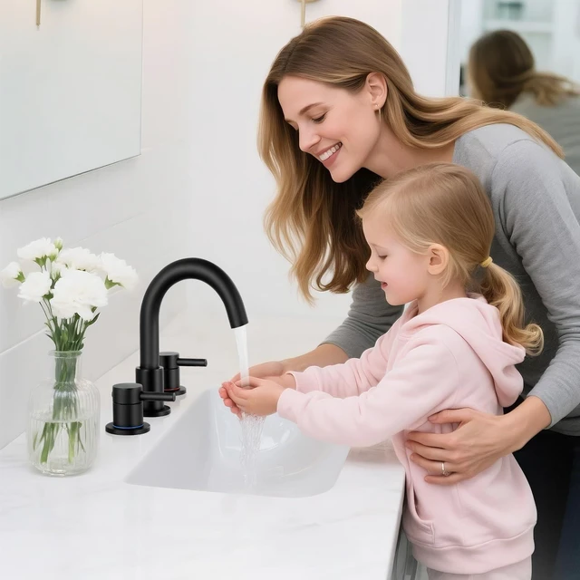 Alt view image 2 of 7 - Matte Black Bathroom Faucet 3 Hole, 2-Handle Widespread Faucet Lead-free stainless steel, pop-up drain, Detachable faucet aerator, 360°swivel, for RV & vanity sink 3-hole mount