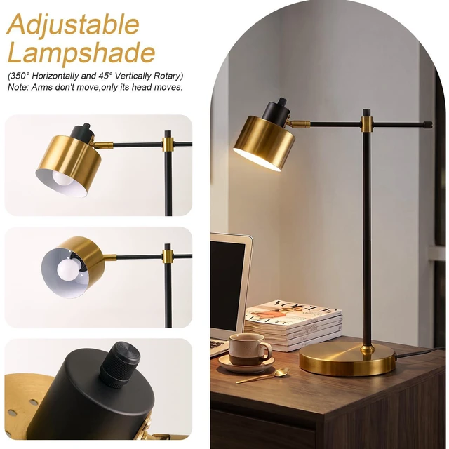 Alt view image 2 of 7 - 22.2" Modern Desk Lamp, Metal Table Lamp with LED Bulb, Adjustable Reading Lamps for Living Room, Mid Century Task Lamp for Home Office, Industrial Bedside Lamps with Solid Base,Black and Gold