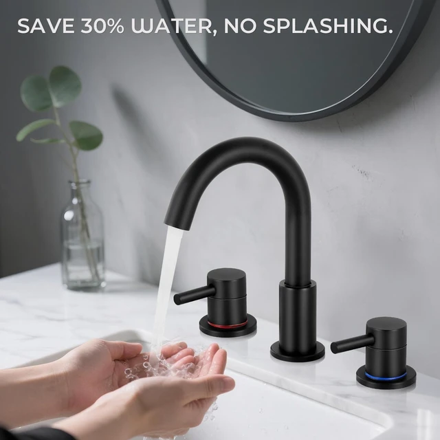 Alt view image 5 of 7 - Matte Black Bathroom Faucet 3 Hole, 2-Handle Widespread Faucet Lead-free stainless steel, pop-up drain, Detachable faucet aerator, 360°swivel, for RV & vanity sink 3-hole mount