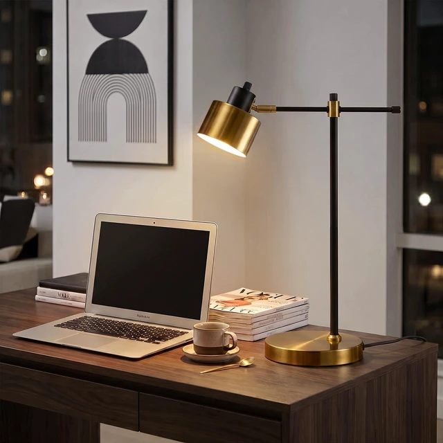 Alt view image 7 of 7 - 22.2" Modern Desk Lamp, Metal Table Lamp with LED Bulb, Adjustable Reading Lamps for Living Room, Mid Century Task Lamp for Home Office, Industrial Bedside Lamps with Solid Base,Black and Gold