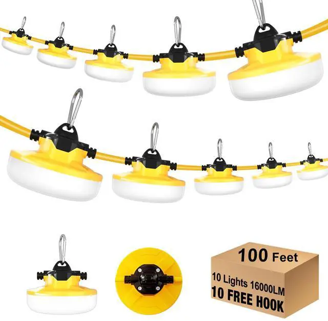 Main image of LED Construction String Light 100FT, 130W 16000Lm Industrial LED String Work Lights with 10 Bulbs, Linkable 5000K Super Bright Temporary Lighting for Construction Site, Job Site, Work Site