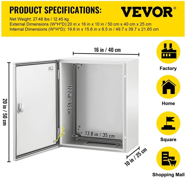 Alt view image 7 of 7 - NEMA Steel Enclosure, 20 x 16 x 10'' NEMA 4X Steel Electrical Box, IP66 Waterproof & Dustproof, Outdoor/Indoor Electrical Junction Box, with Mounting Plate